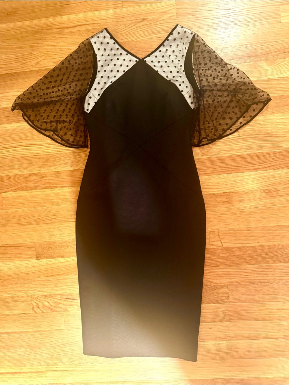 Karen Millen Black midi LBD Dress with White Polka-Detail and Sheer Black Sleeve